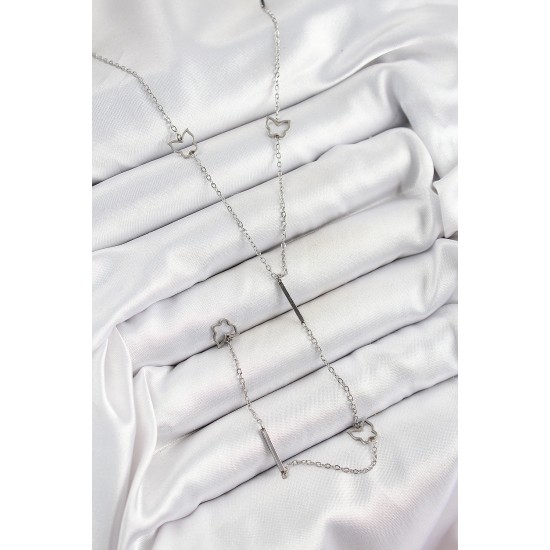 316L Çelik Kelebek Figürlü Y Model Gümüş Renk Kadın Kolye - TJ-BKO10330