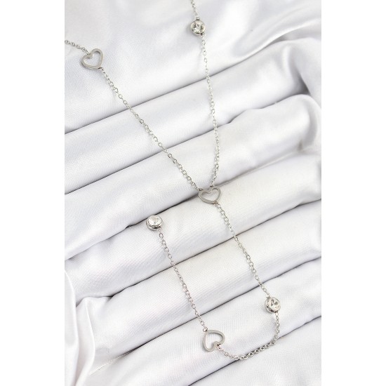 316L Çelik Zirkon Taşlı Kalp Figürlü Y Model Gümüş Renk Kadın Kolye - TJ-BKO10334