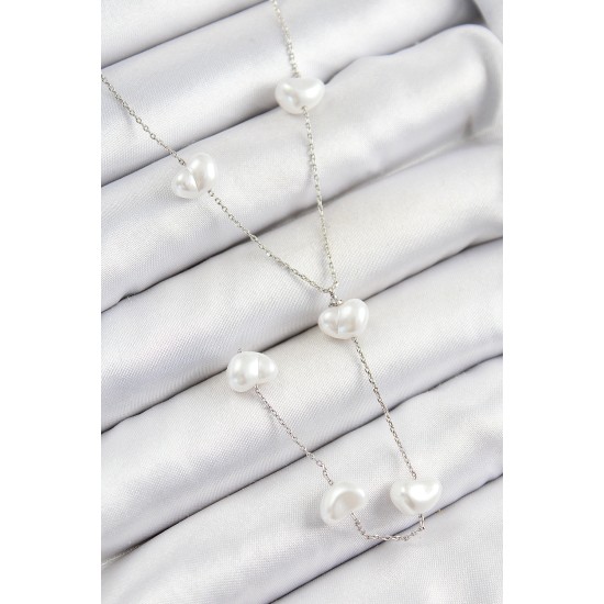 316L Çelik İncili Kalp Figürlü Y Model Gümüş Renk Kadın Kolye - TJ-BKO10336