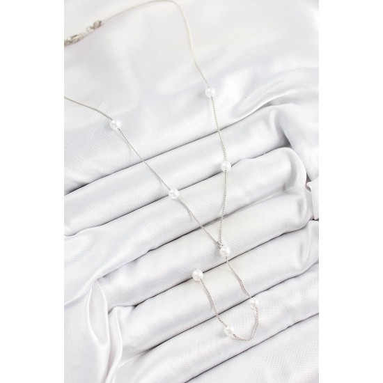 316L Çelik İnci Figürlü Y Model Gümüş Renk Kadın Kolye - TJ-BKO10337