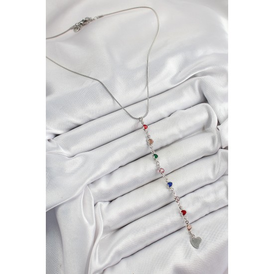 Pirinç Gümüş Renk Karışık Renk Zirkon Taşlı Kalpli Y Kadın Kolye - TJ-BKO10338