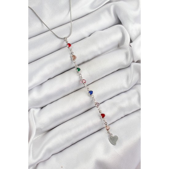 Pirinç Gümüş Renk Karışık Renk Zirkon Taşlı Kalpli Y Kadın Kolye - TJ-BKO10338