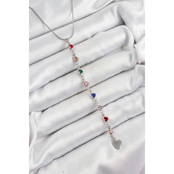 Pirinç Gümüş Renk Karışık Renk Zirkon Taşlı Kalpli Y Kadın Kolye - TJ-BKO10338
