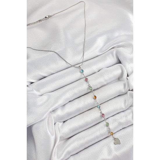 Pirinç Gümüş Renk Karışık Renk Zirkon Taşlı Y Kadın Kolye - TJ-BKO10339