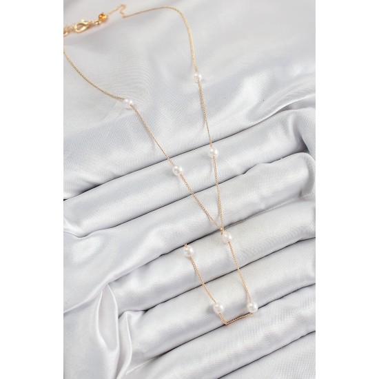 316L Çelik İnci Figürlü Y Model Gold Renk Kadın Kolye - TJ-BKO10340