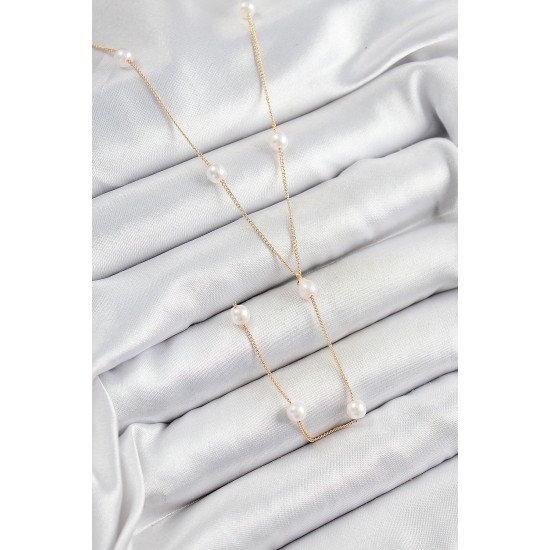 316L Çelik İnci Figürlü Y Model Gold Renk Kadın Kolye - TJ-BKO10340