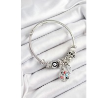 316L Çelik Siyah Nazarlı Zirkon Taşlı İnci Detaylı Hayat Ağacı Model Gümüş Renk Charm Bileklik - TJ-BB7242