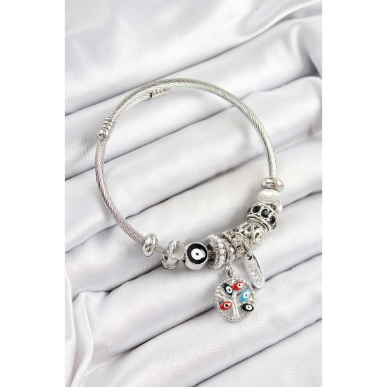 316L Çelik Siyah Nazarlı Zirkon Taşlı İnci Detaylı Hayat Ağacı Model Gümüş Renk Charm Bileklik - TJ-BB7242