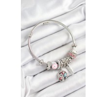 316L Çelik Pembe Nazarlı Zirkon Taşlı İnci Detaylı Hayat Ağacı Model Gümüş Renk Charm Bileklik - TJ-BB7243