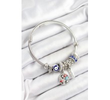 316L Çelik Lacivert Nazarlı Zirkon Taşlı İnci Detaylı Hayat Ağacı Model Gümüş Renk Charm Bileklik - TJ-BB7244