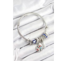 316L Çelik Lacivert Nazarlı Zirkon Taşlı İnci Detaylı Hayat Ağacı Model Gümüş Renk Charm Bileklik - TJ-BB7244