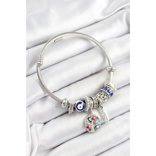 316L Çelik Lacivert Nazarlı Zirkon Taşlı İnci Detaylı Hayat Ağacı Model Gümüş Renk Charm Bileklik - TJ-BB7244