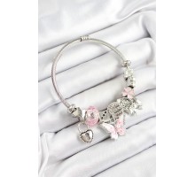 316L Çelik Pembe  Zirkon Taşlı Kelebek Fiyonk Ve Kilit Model Gümüş Renk Charm Bileklik - TJ-BB7245