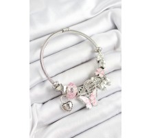 316L Çelik Pembe  Zirkon Taşlı Kelebek Fiyonk Ve Kilit Model Gümüş Renk Charm Bileklik - TJ-BB7245