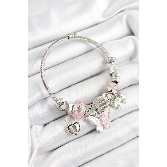 316L Çelik Pembe  Zirkon Taşlı Kelebek Fiyonk Ve Kilit Model Gümüş Renk Charm Bileklik - TJ-BB7245