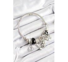 316L Çelik Siyah Zirkon Taşlı Kelebek Fiyonk Ve Kilit Model Gümüş Renk Charm Bileklik - TJ-BB7246