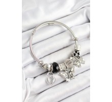 316L Çelik Siyah Zirkon Taşlı Kelebek Fiyonk Ve Kilit Model Gümüş Renk Charm Bileklik - TJ-BB7246