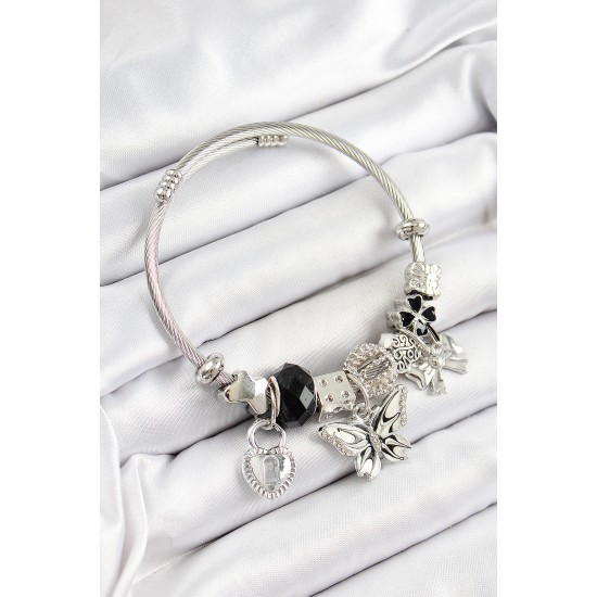 316L Çelik Siyah Zirkon Taşlı Kelebek Fiyonk Ve Kilit Model Gümüş Renk Charm Bileklik - TJ-BB7246