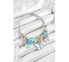 316L Çelik Mavi Zirkon Taşlı Kelebek Fiyonk Ve Kilit Model Gümüş Renk Charm Bileklik - TJ-BB7247