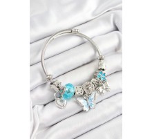 316L Çelik Mavi Zirkon Taşlı Kelebek Fiyonk Ve Kilit Model Gümüş Renk Charm Bileklik - TJ-BB7247