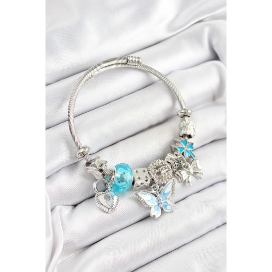 316L Çelik Mavi Zirkon Taşlı Kelebek Fiyonk Ve Kilit Model Gümüş Renk Charm Bileklik - TJ-BB7247