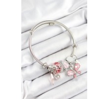 316L Çelik Pembe Zirkon Taşlı Kelebek Model Gümüş Renk Charm Bileklik - TJ-BB7248