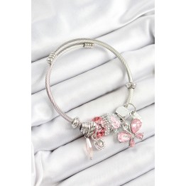 316L Çelik Pembe Zirkon Taşlı Kelebek Model Gümüş Renk Charm Bileklik - TJ-BB7248