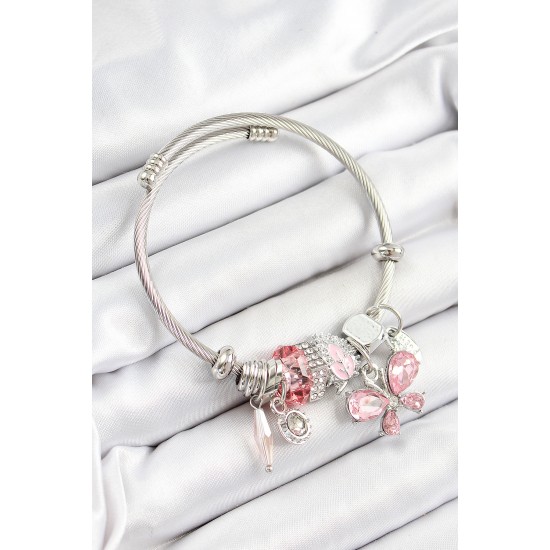 316L Çelik Pembe Zirkon Taşlı Kelebek Model Gümüş Renk Charm Bileklik - TJ-BB7248