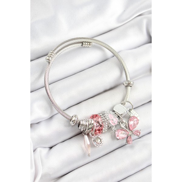 316L Çelik Pembe Zirkon Taşlı Kelebek Model Gümüş Renk Charm Bileklik - TJ-BB7248