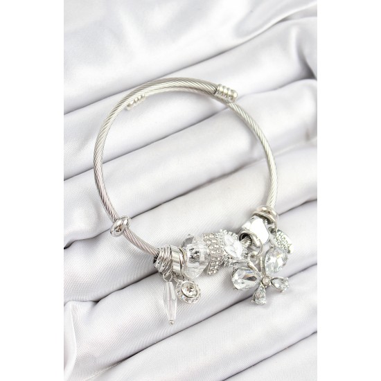 316L Çelik Beyaz Zirkon Taşlı Kelebek Model Gümüş Renk Charm Bileklik - TJ-BB7249