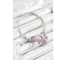 316L Çelik Mor Zirkon Taşlı Kelebek Model Gümüş Renk Charm Bileklik - TJ-BB7250