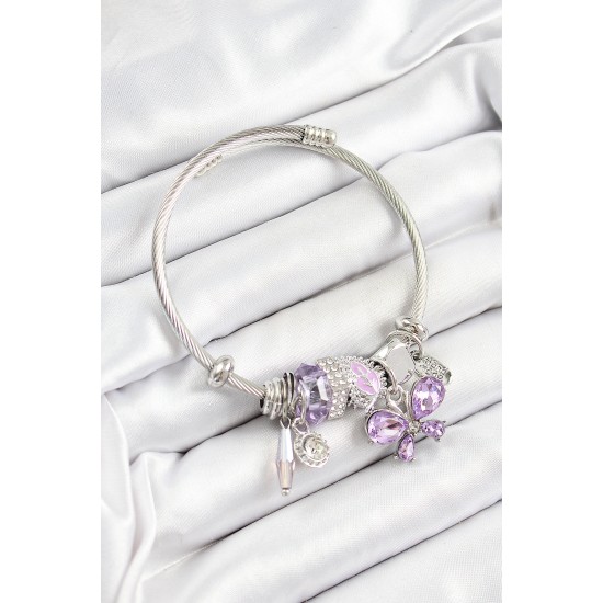 316L Çelik Mor Zirkon Taşlı Kelebek Model Gümüş Renk Charm Bileklik - TJ-BB7250