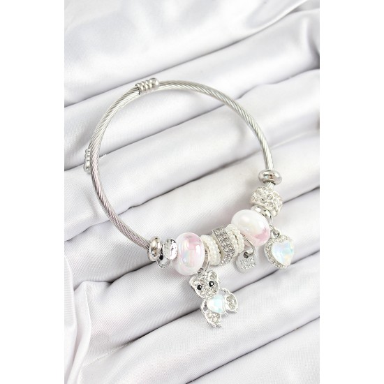 316L Çelik Beyaz Zirkon Taşlı Ayıcık Ve Kalp Model Gümüş Renk Charm Bileklik - TJ-BB7251