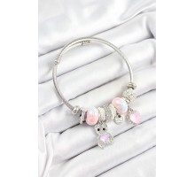 316L Çelik Pembe Zirkon Taşlı Ayıcık Ve Kalp Model Gümüş Renk Charm Bileklik - TJ-BB7252