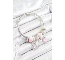 316L Çelik Pembe Zirkon Taşlı Ayıcık Ve Kalp Model Gümüş Renk Charm Bileklik - TJ-BB7252