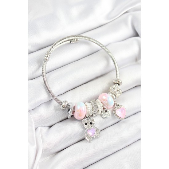 316L Çelik Pembe Zirkon Taşlı Ayıcık Ve Kalp Model Gümüş Renk Charm Bileklik - TJ-BB7252