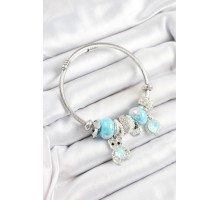 316L Çelik Mavi Zirkon Taşlı Ayıcık Ve Kalp Model Gümüş Renk Charm Bileklik - TJ-BB7253