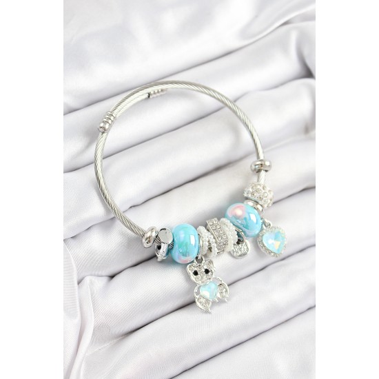 316L Çelik Mavi Zirkon Taşlı Ayıcık Ve Kalp Model Gümüş Renk Charm Bileklik - TJ-BB7253