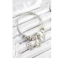 316L Çelik Beyaz Zirkon Taşlı Baykuş İstiridye Ve Anahtar Model Gümüş Renk Charm Bileklik - TJ-BB7254