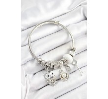 316L Çelik Beyaz Zirkon Taşlı Baykuş İstiridye Ve Anahtar Model Gümüş Renk Charm Bileklik - TJ-BB7254