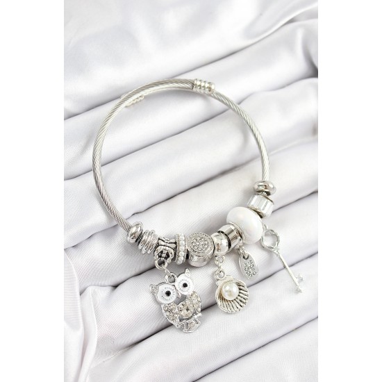 316L Çelik Beyaz Zirkon Taşlı Baykuş İstiridye Ve Anahtar Model Gümüş Renk Charm Bileklik - TJ-BB7254
