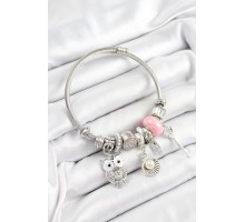 316L Çelik Pembe Zirkon Taşlı Baykuş İstiridye Ve Anahtar Model Gümüş Renk Charm Bileklik - TJ-BB7255
