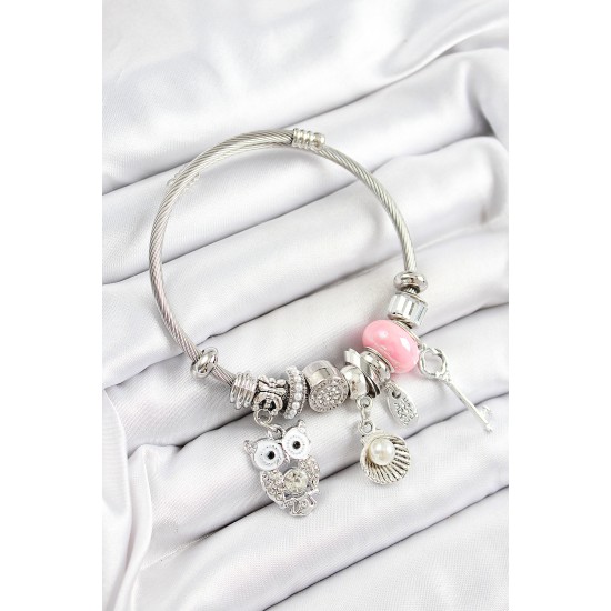 316L Çelik Pembe Zirkon Taşlı Baykuş İstiridye Ve Anahtar Model Gümüş Renk Charm Bileklik - TJ-BB7255