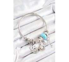 316L Çelik Mavi Zirkon Taşlı Baykuş İstiridye Ve Anahtar Model Gümüş Renk Charm Bileklik - TJ-BB7256