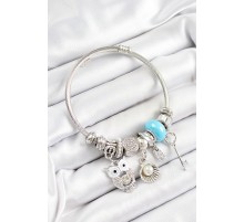 316L Çelik Mavi Zirkon Taşlı Baykuş İstiridye Ve Anahtar Model Gümüş Renk Charm Bileklik - TJ-BB7256