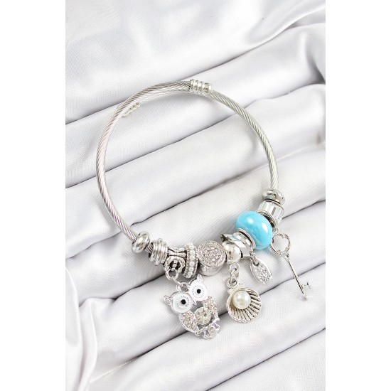 316L Çelik Mavi Zirkon Taşlı Baykuş İstiridye Ve Anahtar Model Gümüş Renk Charm Bileklik - TJ-BB7256