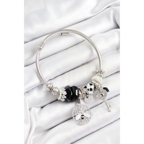 316L Çelik Siyah Zirkon Taşlı Baykuş Arı Ve Anahtar Model Gümüş Renk Charm Bileklik - TJ-BB7257