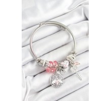 316L Çelik Pembe Zirkon Taşlı Baykuş Arı Ve Anahtar Model Gümüş Renk Charm Bileklik - TJ-BB7258
