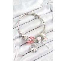 316L Çelik Pembe Zirkon Taşlı Baykuş Arı Ve Anahtar Model Gümüş Renk Charm Bileklik - TJ-BB7258