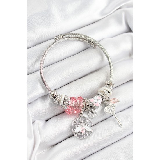 316L Çelik Pembe Zirkon Taşlı Baykuş Arı Ve Anahtar Model Gümüş Renk Charm Bileklik - TJ-BB7258